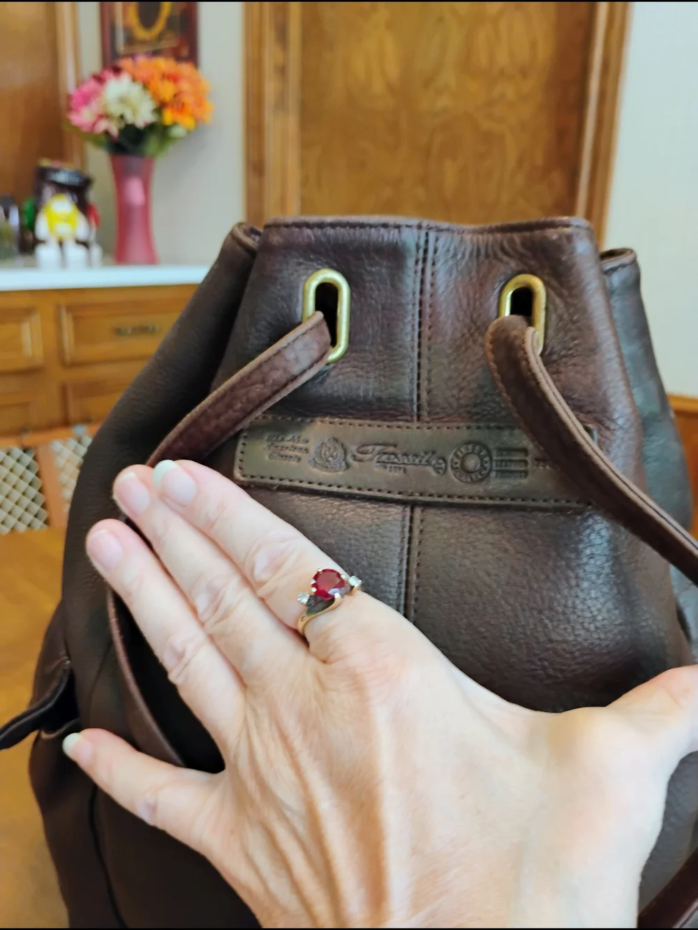 Fossil Dark Brown Pebble Grain Leather Drawstring Flap Bucket Backpack / Purse